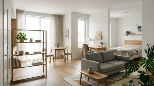 A thoughtfully zoned 400 square foot studio apartment creating distinct living and sleeping areas through strategic furniture placement