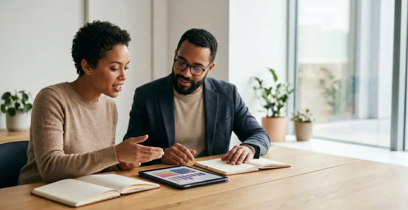 Two business professionals collaborating over sustainability documents in a bright modern office