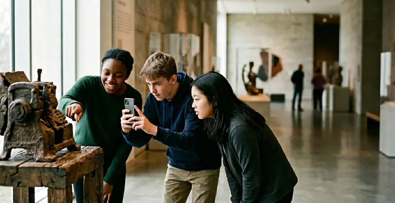 Teenagers actively engaged while exploring historical artifacts in a museum setting