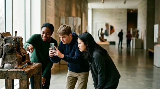 Teenagers actively engaged while exploring historical artifacts in a museum setting