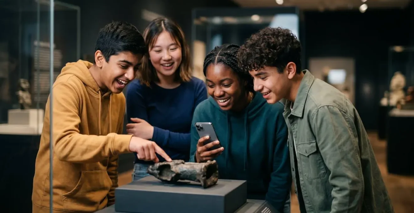 Group of teenagers actively participating in interactive museum scavenger hunt with smartphones