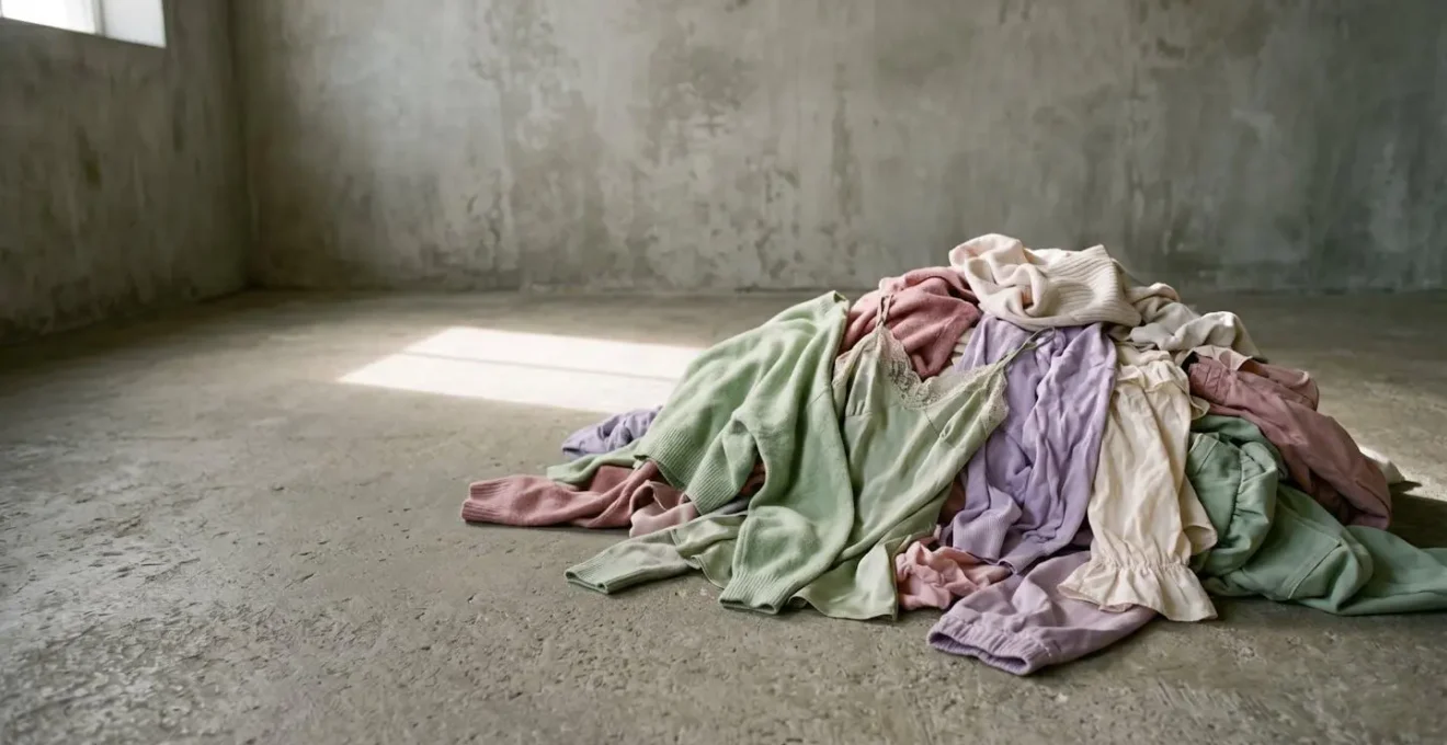 Environmental composition showing discarded fast fashion garments in soft natural lighting emphasizing textile waste