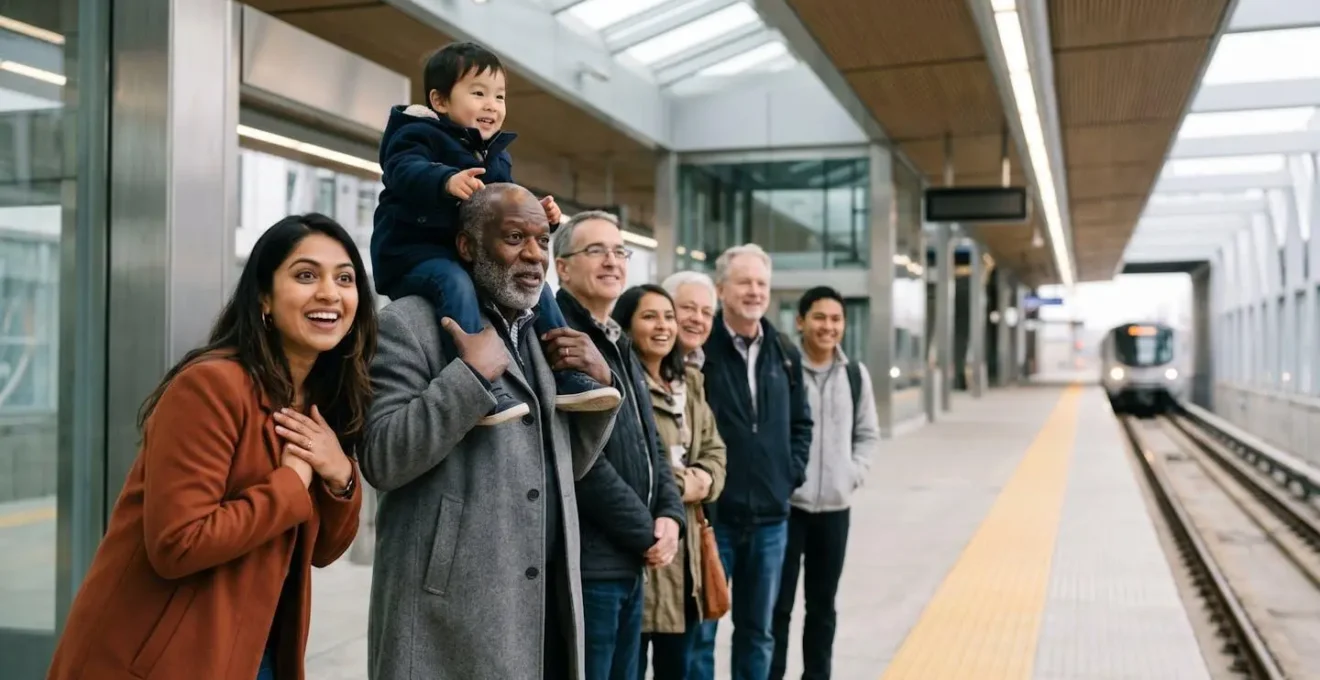 Human emotional moment capturing anticipation and excitement during new transit line inauguration