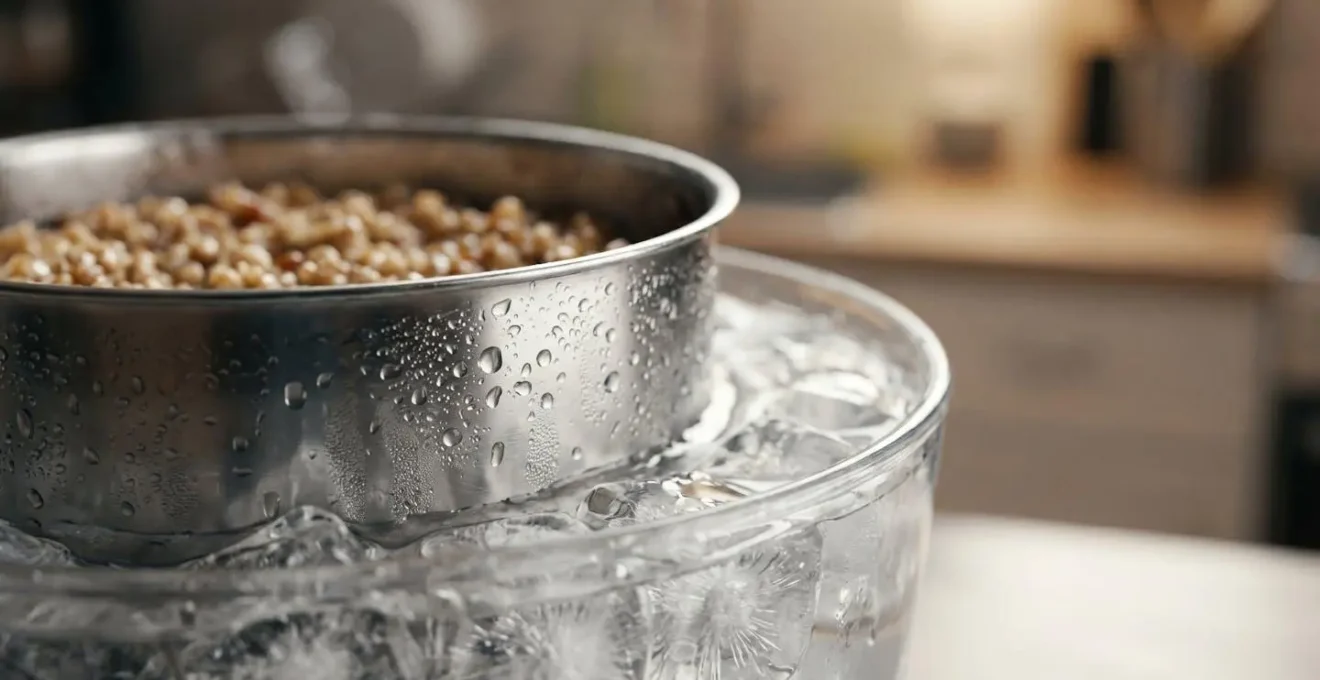 Food safety cooling process showing shallow containers in ice bath for rapid temperature reduction