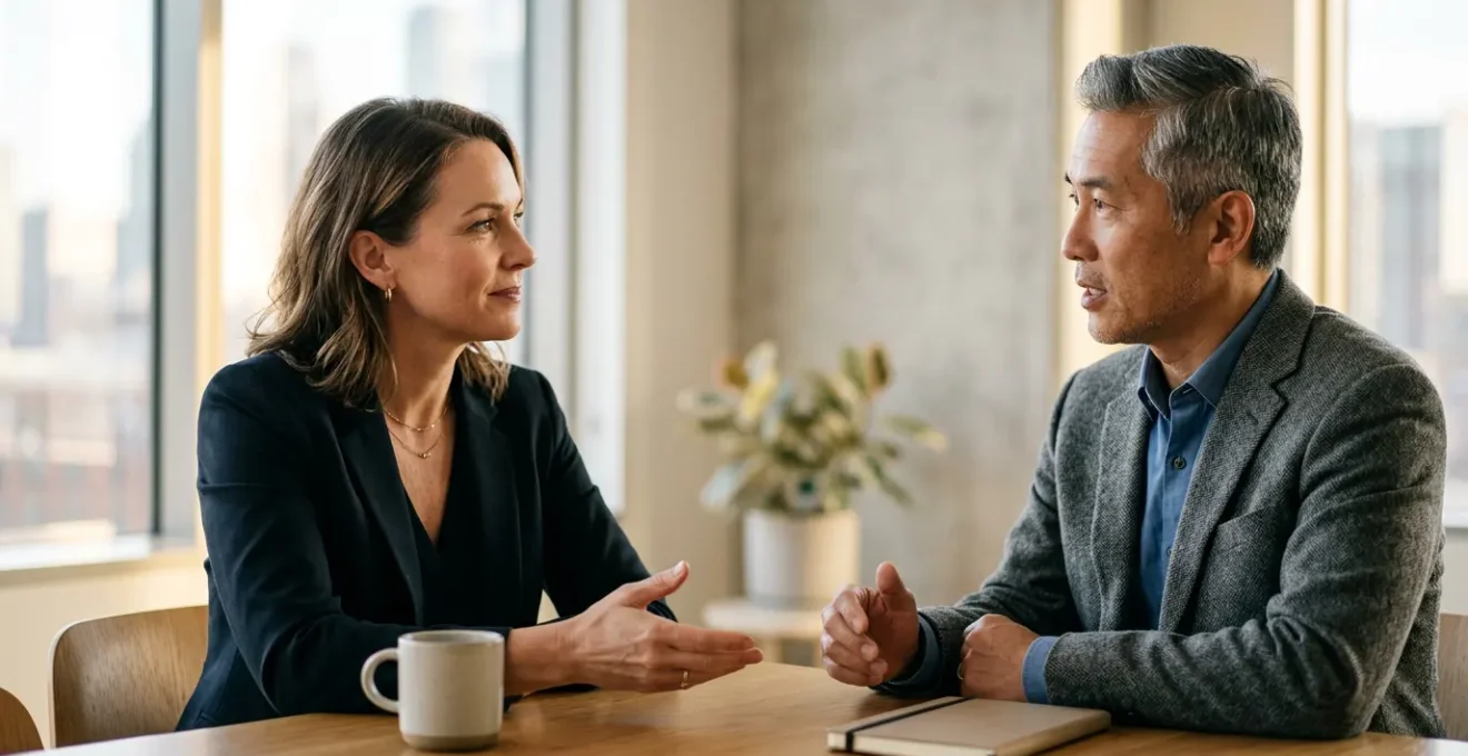 Professional negotiator engaged in attentive conversation with subtle gesture encouraging dialogue
