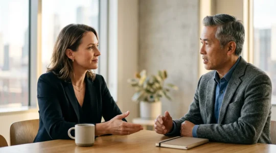 Professional negotiator engaged in attentive conversation with subtle gesture encouraging dialogue