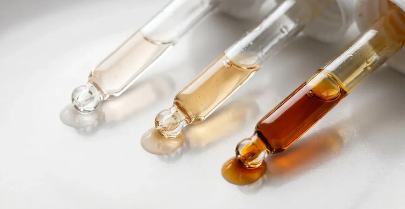 Macro photograph showing vitamin C serum oxidation color progression from clear to amber