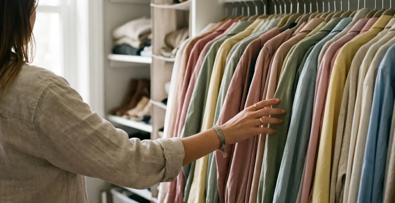 Symbolic photograph of a person's hand reaching toward a crowded closet rail filled with similar trendy garments in soft moody lighting