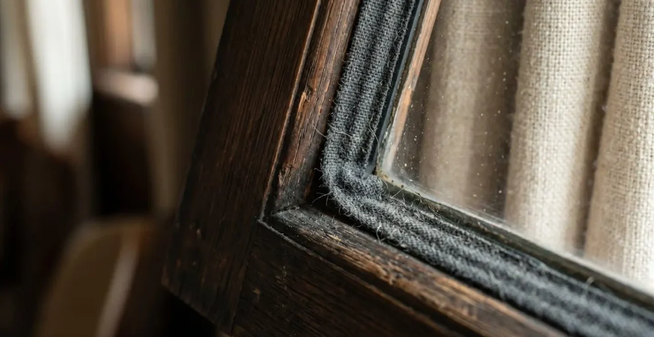 Extreme close-up showing window frame seal and acoustic treatment materials