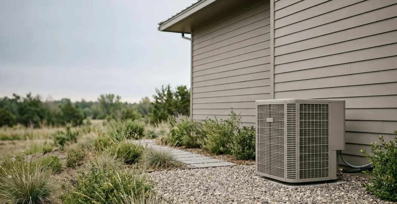 Modern heat pump outdoor unit installed beside contemporary home in natural setting