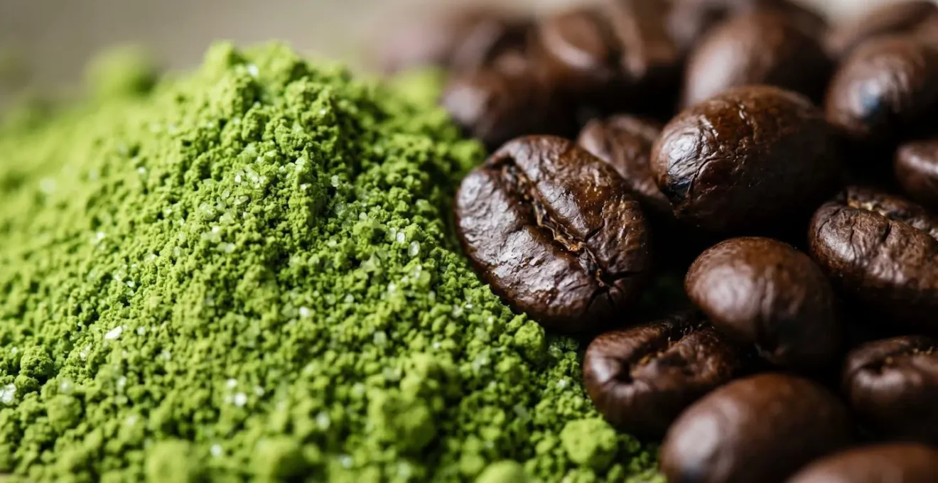 Close-up macro view of natural tea leaves and coffee beans showing textural detail representing the synergistic combination