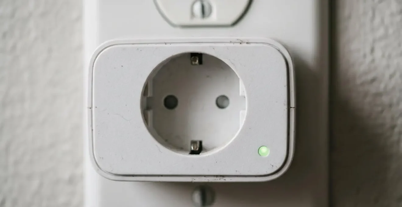 Close-up macro photograph of smart plug monitoring device showing energy-saving technology details